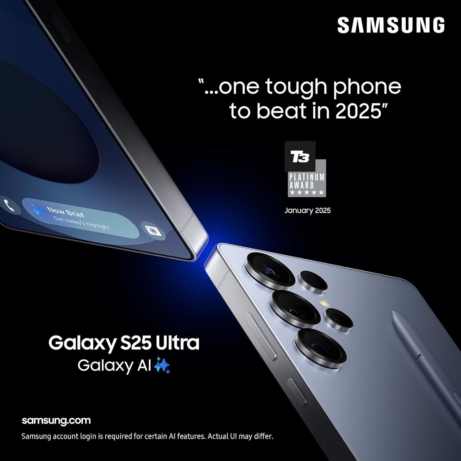 Samsung Galaxy S25 Ultra phone with camera details on a dark background, featuring Samsung logo and text.