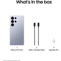 Product packaging list with Galaxy S25 Ultra, USB-C charge cable, and ejection pin on a white background.