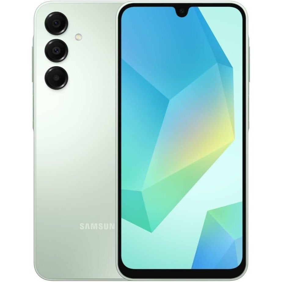 Samsung smartphone showing front and back on a white background