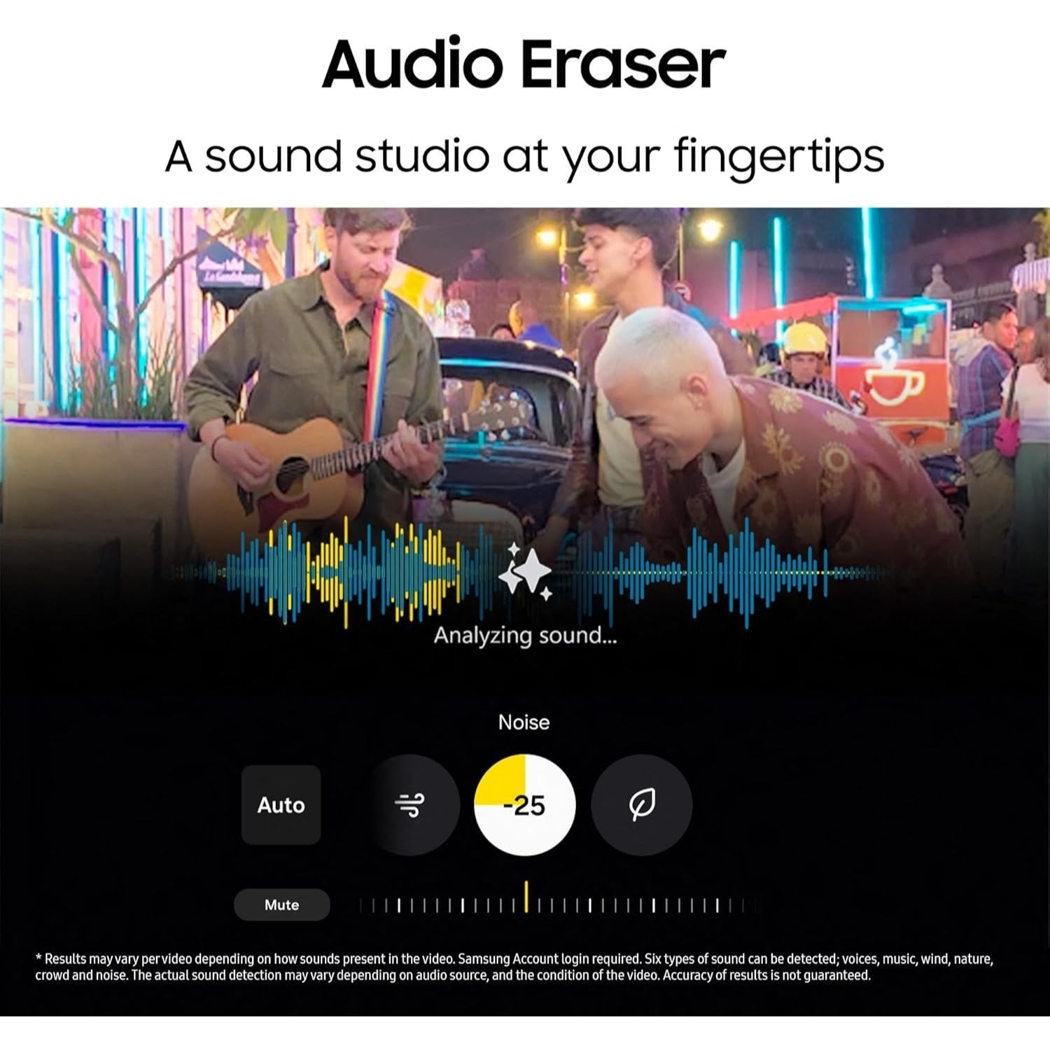Audio Eraser app interface with a sound wave and two people playing guitar in the background.