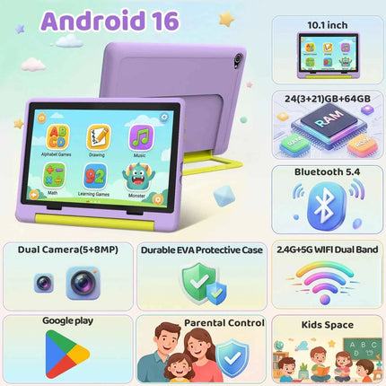 BUFO 10.1-inch Kids Tablet – Android 16, 3GB + 21GB Virtual RAM, 64GB, Parental Controls