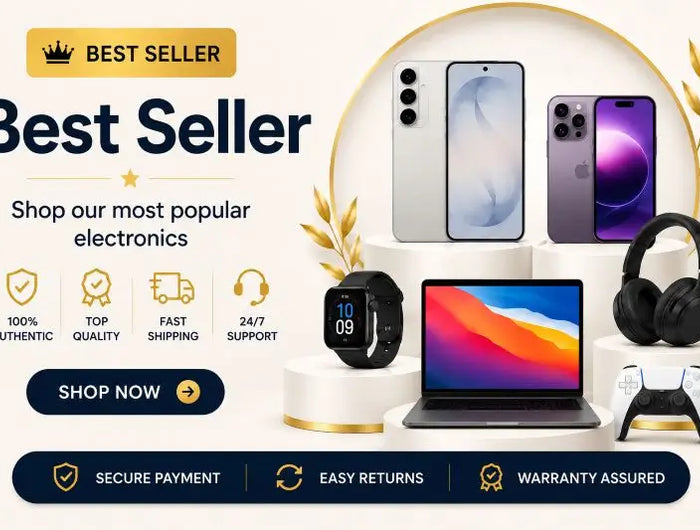Promotional banner for best-selling electronics with smartphone, laptop, and headphones.