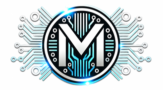 Logo with a stylized 'M' surrounded by circuit-like patterns on a white background