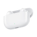 White wireless earbuds with charging case on a white background