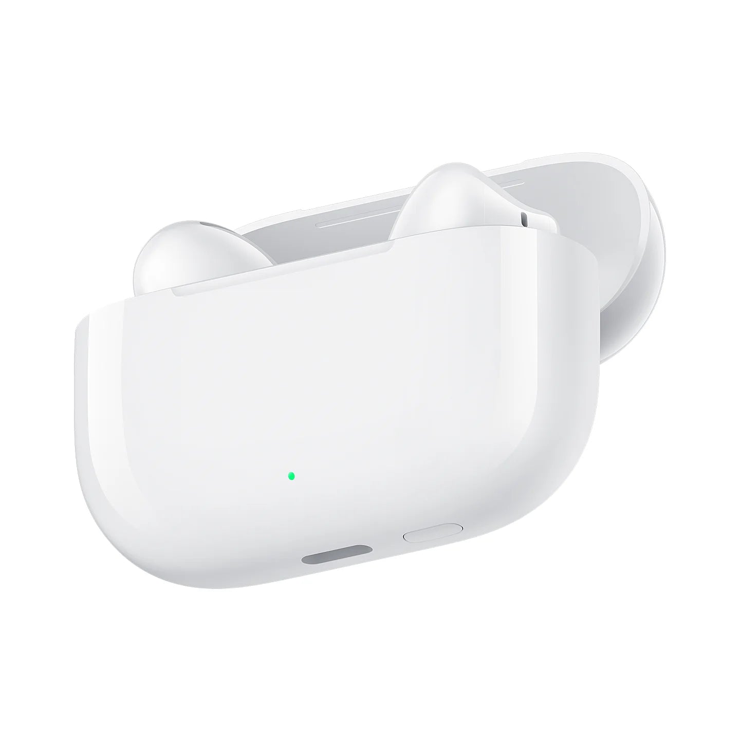 White wireless earbuds with charging case on a white background