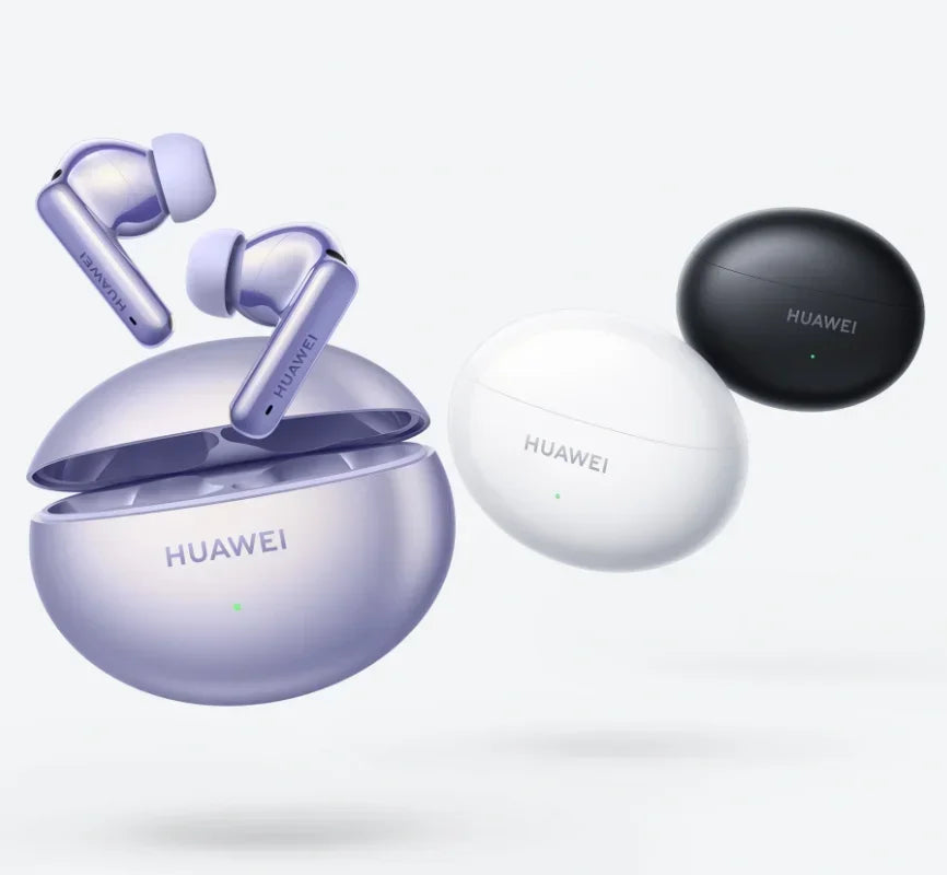 HUAWEI wireless earbuds with charging case on a white background