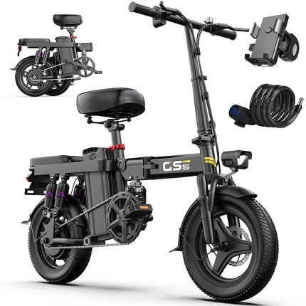 UPlee GS5 Electric Bike 48V 15AH, 20+MPH Folding E-Bike with 740W Motor, 20 Miles Max Range for Adults, 14" Fat Tires