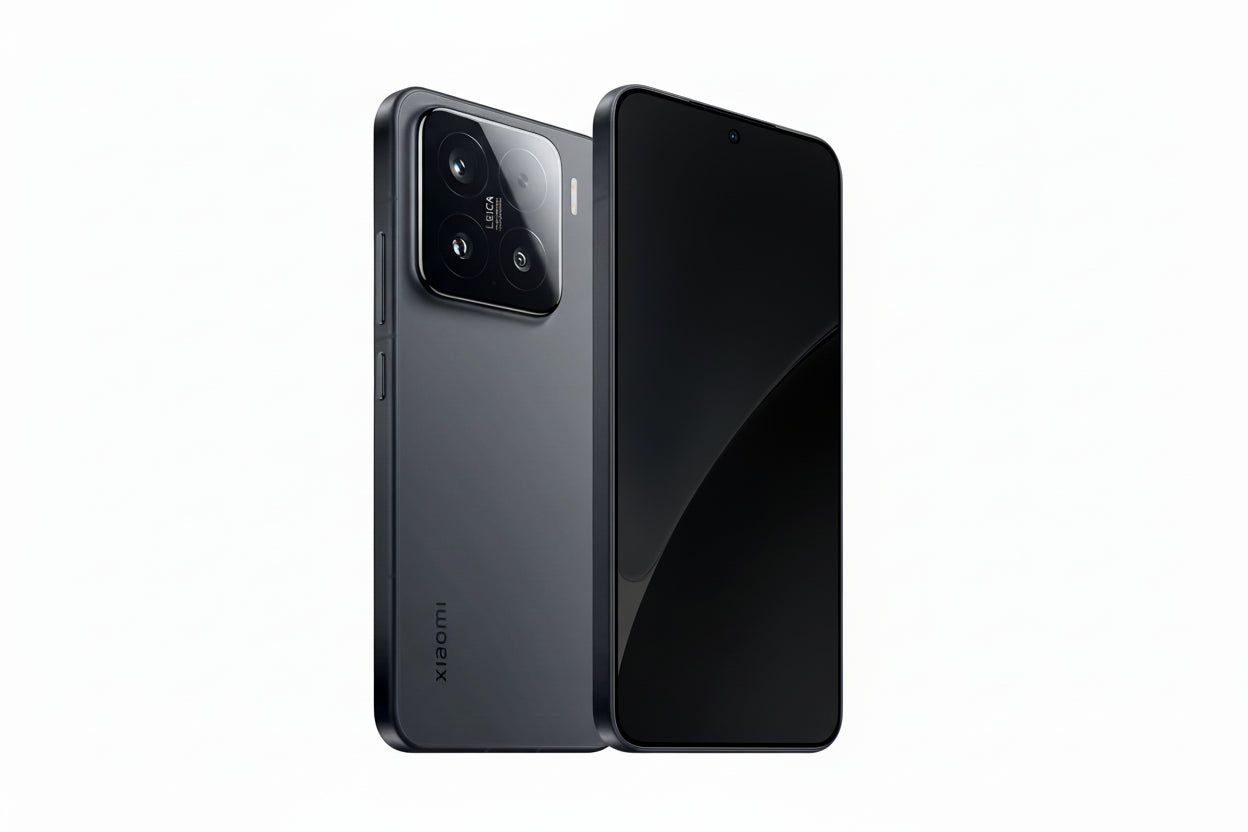 Black smartphone showing front and back on a white background