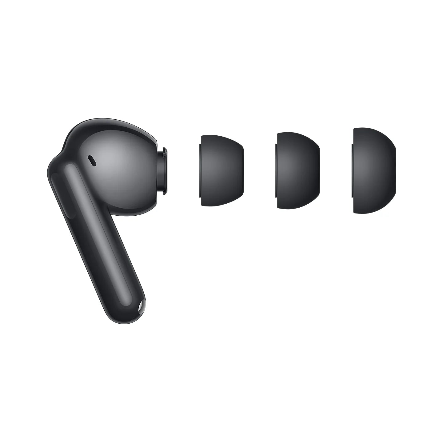 Black wireless earbuds with charging case on a white background