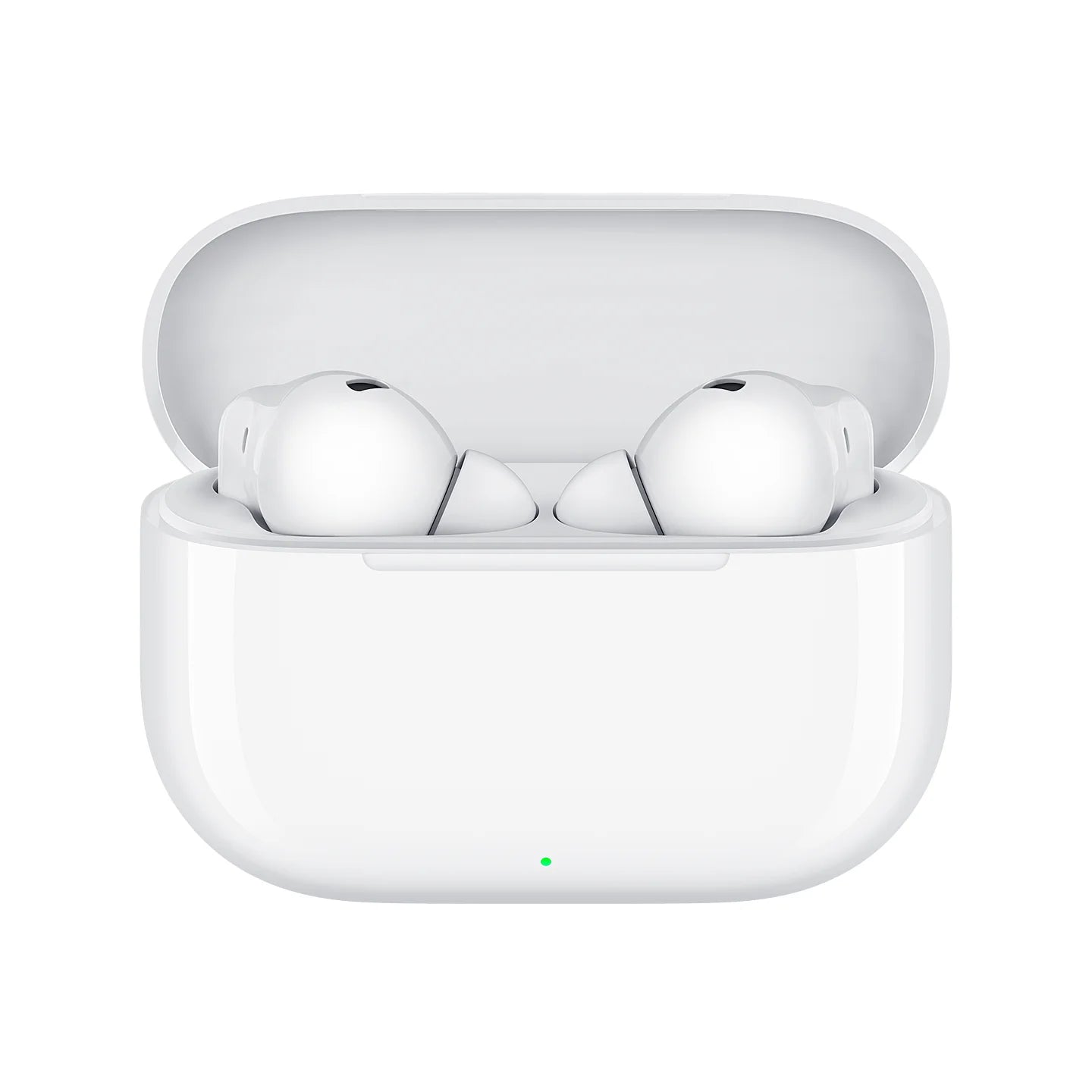 White wireless earbuds in a charging case on a white background