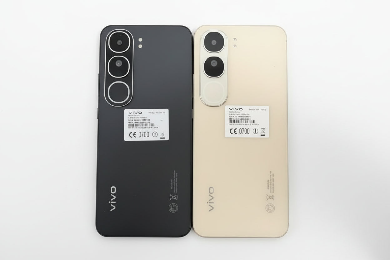 Two VIVO V40 Lite smartphones, one black and one beige, on a white background
