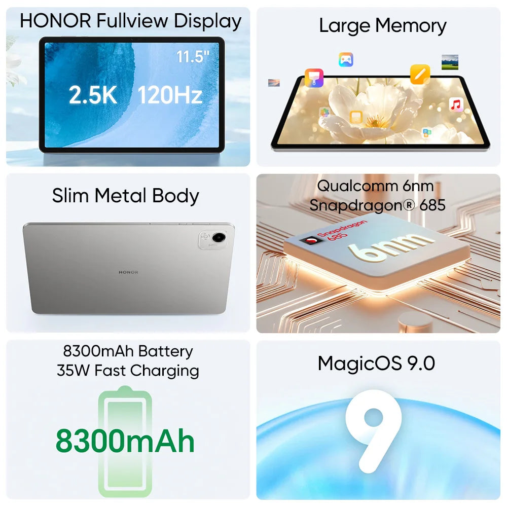 Honor Pad X9a Global Version 11.5" 120Hz 2.5K Full view Display Snapdragon 685 Slim Metal Body Tablet WiFi/LTE  Android15 8300mAh