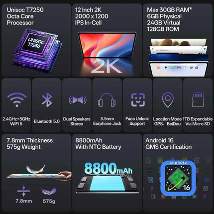 SVITOO P108 12-inch 2K Android 16 Tablet – 30GB RAM, 128GB Storage, 8800mAh Battery