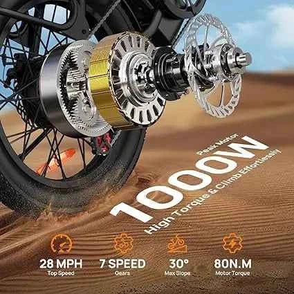 URLIFE 1000W Electric Bike | 48V 13Ah Removable Battery, 28MPH Speed, 20''X3" Fat Tire, 7-Speed with Dual Disc Brake
