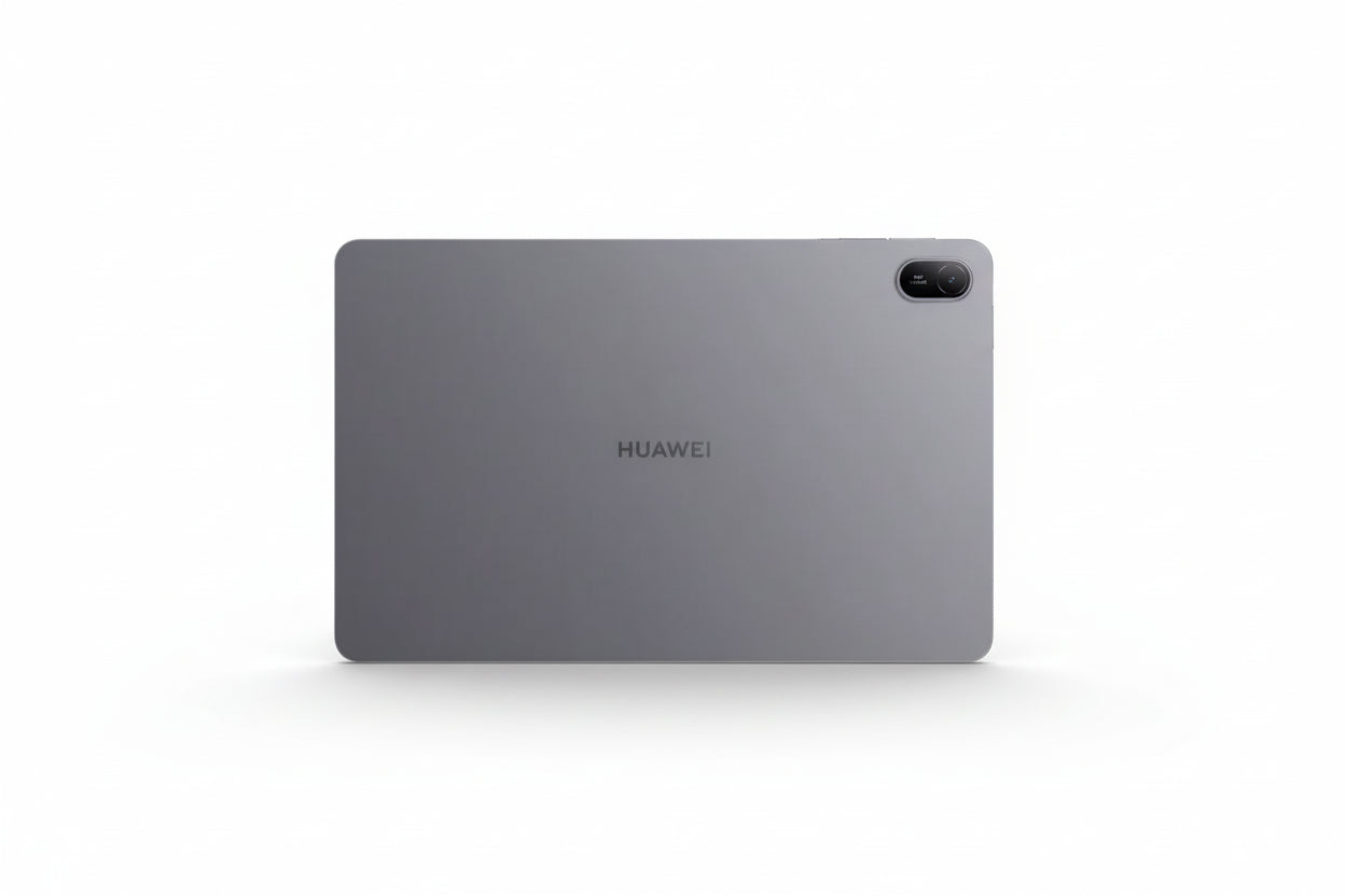Back view of a Huawei tablet on a white background