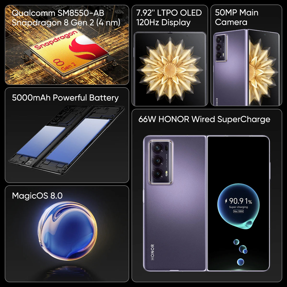 Honor Magic V2 Global Version 5G Smartphone 7.92" Foldable OLED Display 120Hz 50MP Rear Cameras Snapdragon 8 Gen 2 5000mAh 66W