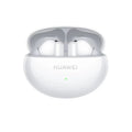 White Huawei wireless earbuds in a charging case on a white background