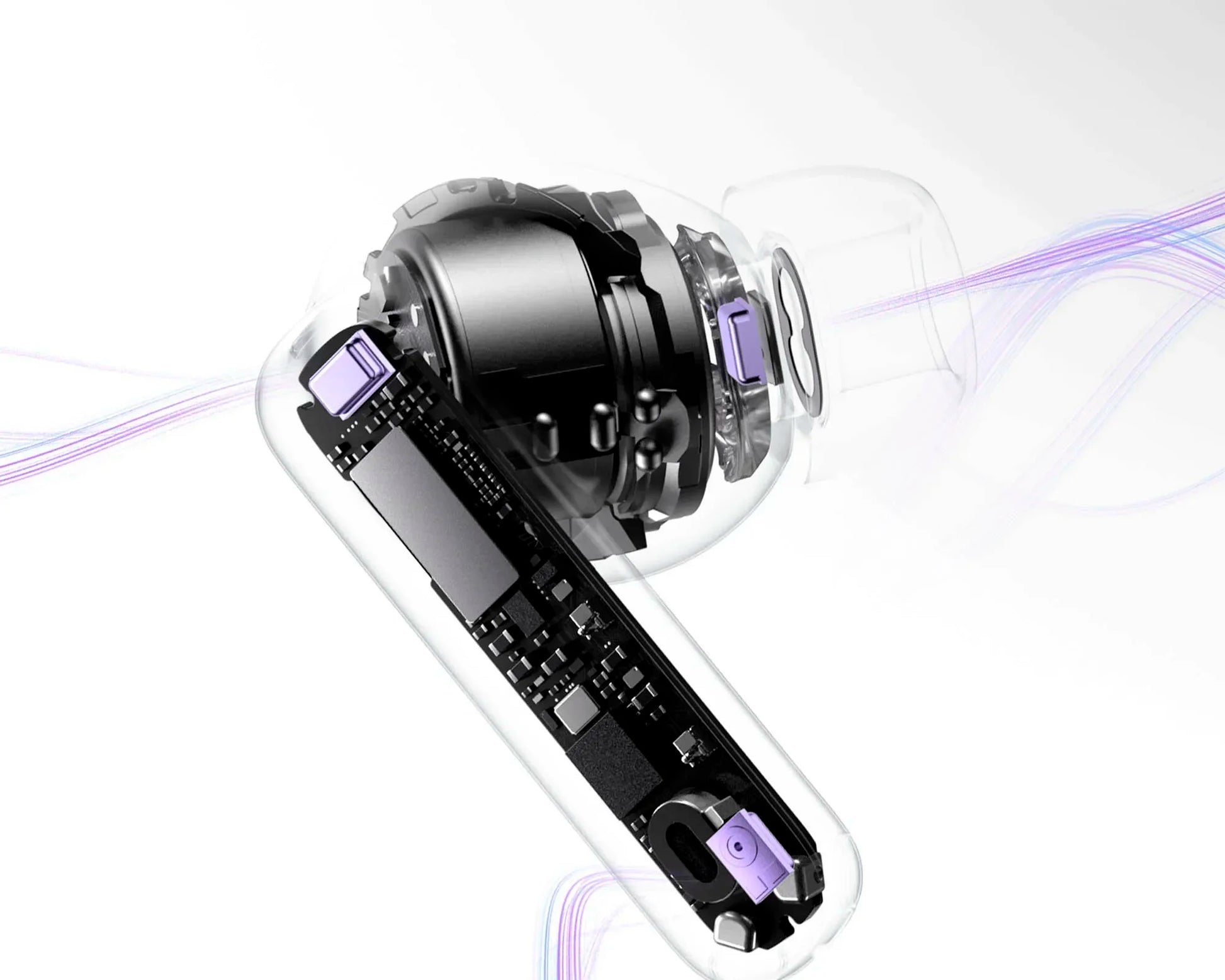 Close-up of a smartphone with a transparent case, revealing internal components on a white background.