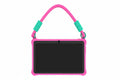 Children's tablet with pink case and strap on a white background