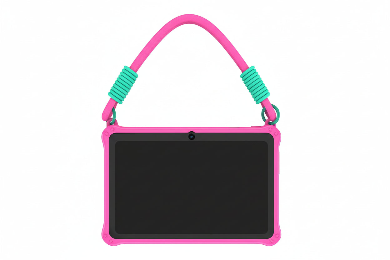 Children's tablet with pink case and strap on a white background