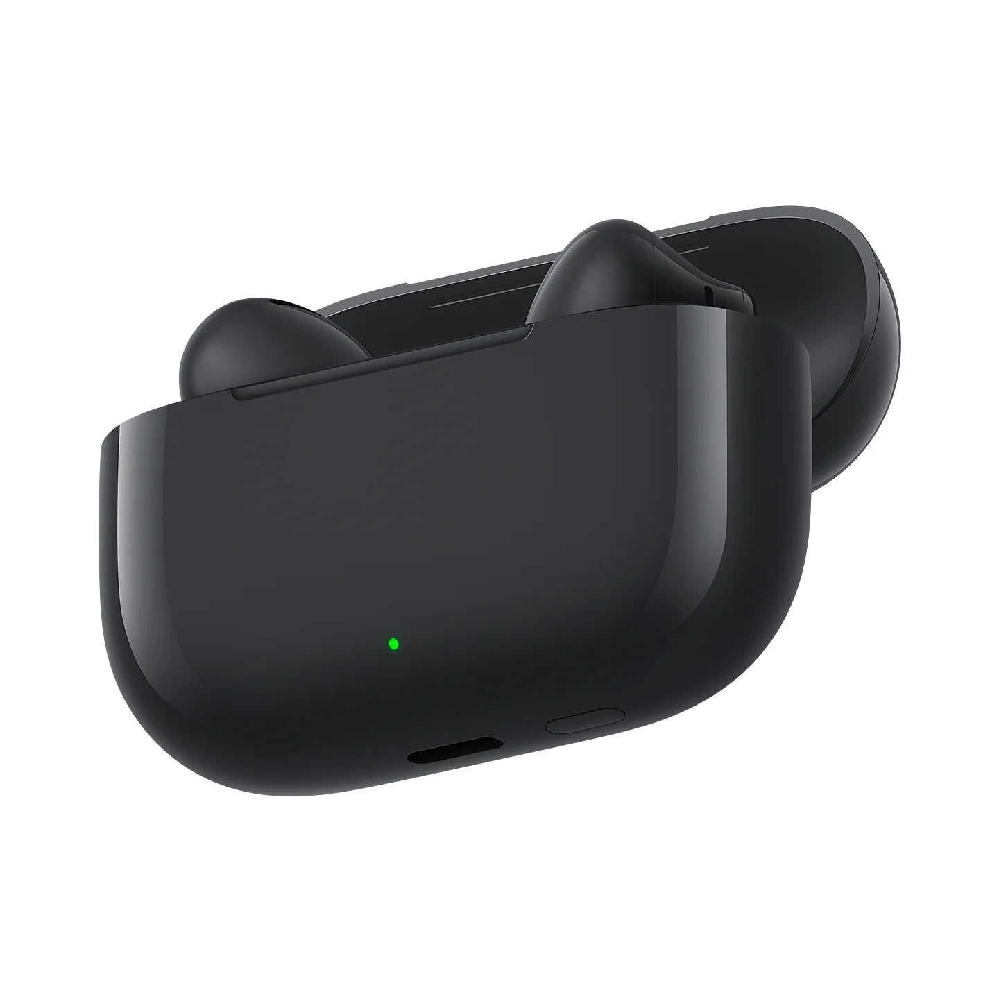 Black wireless earbuds with charging case on a white background