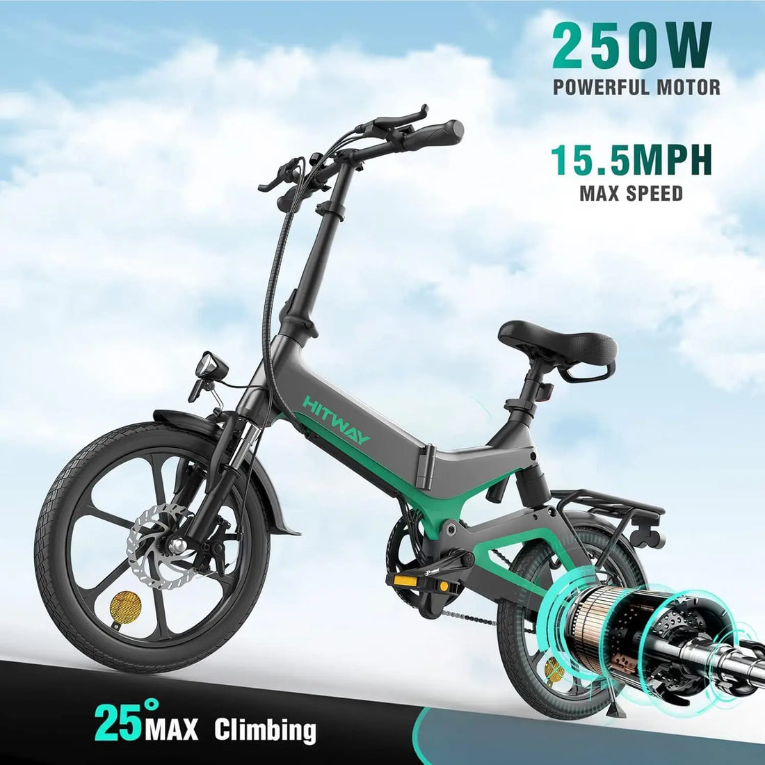 HITWAY Electric Bike 250W Foldable Pedal Assist E Bike with 7.8Ah Battery without accelerator, 16 inch for Teenager and Adults