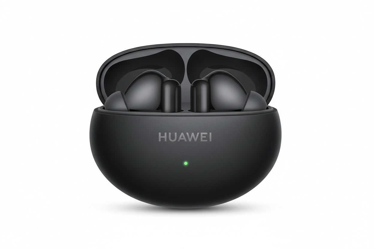 Black Huawei wireless earbuds in charging case on a white background