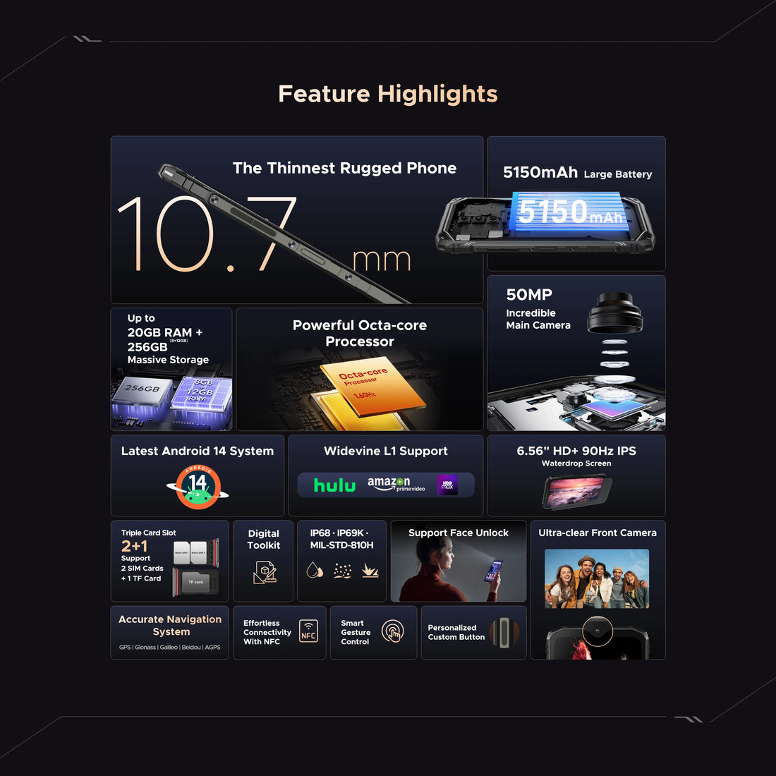 Doogee Blade10 Ultra Rugged Phone Global Version 6.56'' Display 10.7mm Ultra-thin 32GB(8+24)+256GB 5150mAh Battery 50MP Camera NFC Smartphone