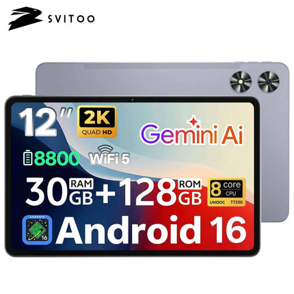SVITOO P108 12-inch 2K Android 16 Tablet – 30GB RAM, 128GB Storage, 8800mAh Battery