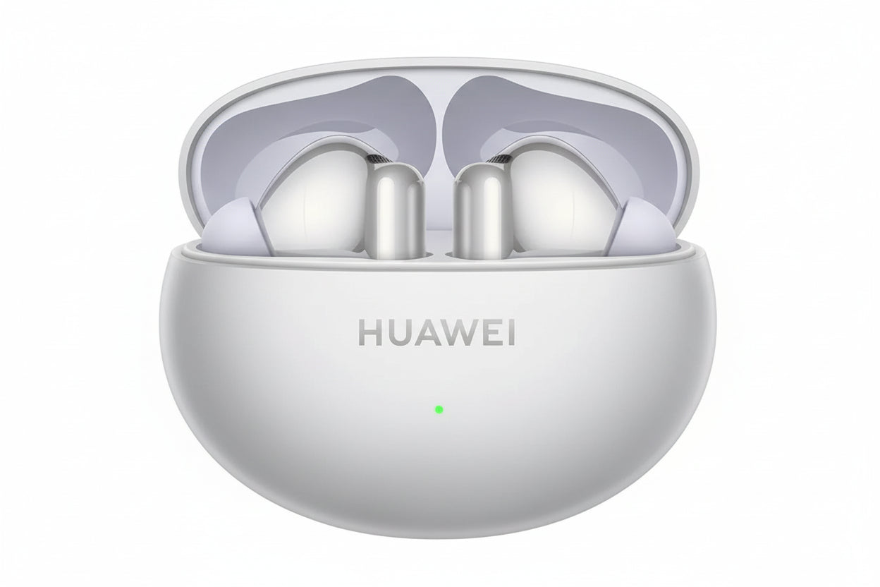 HUAWEI wireless earbuds in a charging case on a white background