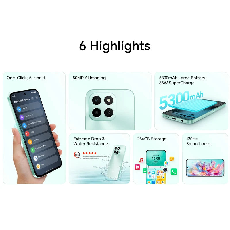 Honor X6c Global Version Smartphone 6.61'' 120Hz TFTLCD Screen 50MP 5300mAh 35W Super Charge Waterproof Drop Resistance