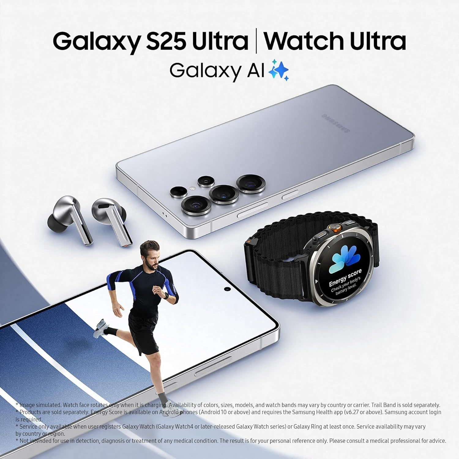 Samsung Galaxy S25 Ultra, Watch Ultra, and earbuds on a white background with Samsung AI logo.