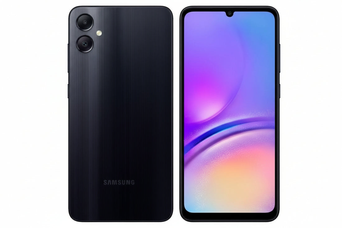 Samsung smartphone showing front and back on a white background