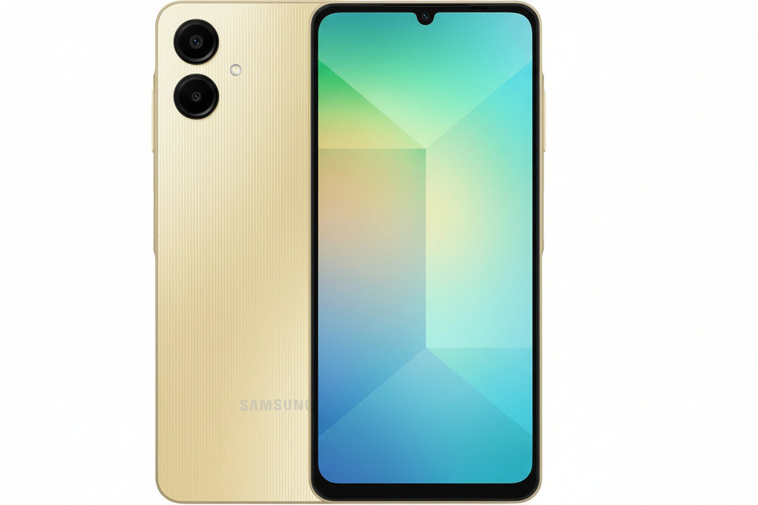 Samsung smartphone showing front and back on a white background