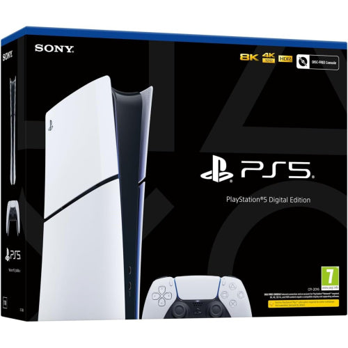 PlayStation 5 Digital Edition packaging with console and controller on a white background