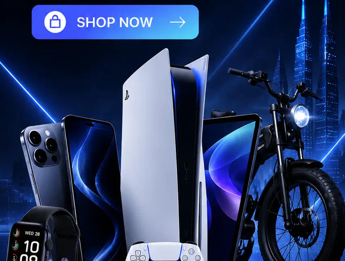 Promotional banner for next-gen smart tech with smartphone, smartwatch, and electric bike on a dark background.